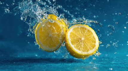 Splash of sliced lemon with water drops over blue background