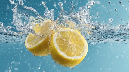 Splash of sliced lemon with water drops over blue background