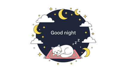 A cute 'Good night' illustration of a white cat sleeping peacefully under a starry night sky with moons and clouds.
