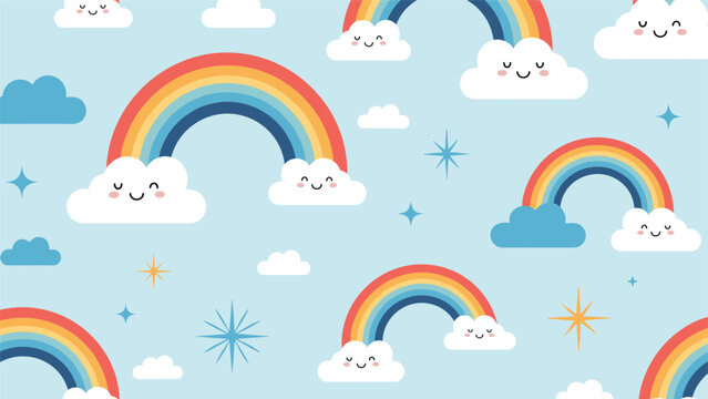 A cute and cheerful seamless pattern of colorful rainbows resting on smiling clouds against a light blue sky with stars.