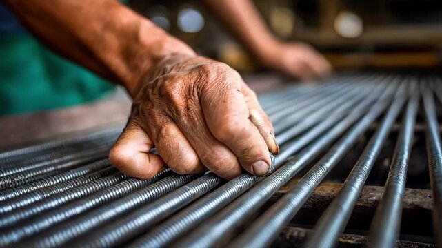 Medium shot of a worker manually adjusting the rollers in a rolling mill focusing on handson calibration for varying material thicknesses.