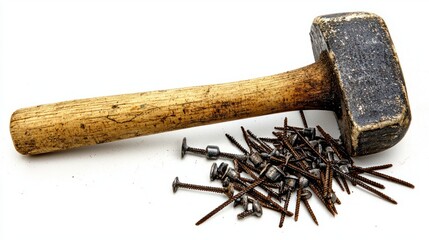 Wooden hammer and assorted metal screws piled on a white background for construction and DIY projects