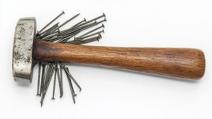 Vintage hammer with scattered nails on a white background showcasing tools for construction and DIY projects