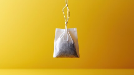 Tea Bag Hanging Against Bright Yellow Background for Refreshing Beverage Concept