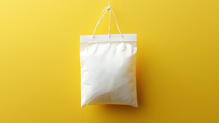 Minimalist White Bag Hanging on Yellow Background with Clean Design and Bright Colors for Creative Projects