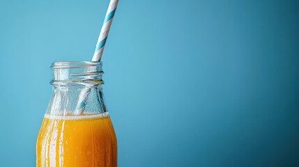 Freshly Squeezed Orange Juice in Glass Bottle with Blue Straw Against Minimalist Background