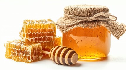 Close-Up of Organic Honey Jar with Honeycomb and Dipper on White Background for Food, Cooking, and Healthy Lifestyle Themes