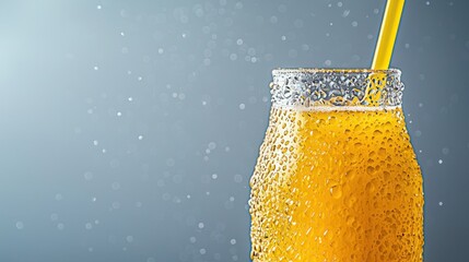 Refreshing Orange Beverage with Bubbles and Straw in Glass Container on Soft Gray Background