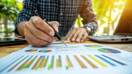 Business Professional Analyzing Financial Data with Charts and Graphs on a Desk Surrounded by Technology and Natural Light