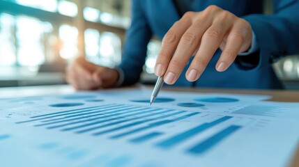Business Professional Analyzing Financial Reports and Charts in a Modern Office Environment with a Focus on Data Interpretation