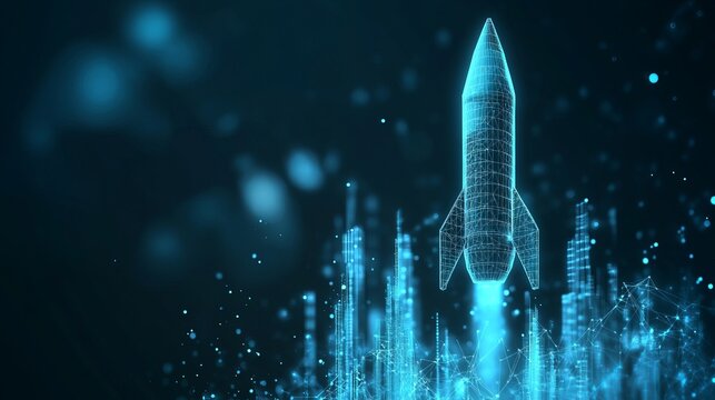 A futuristic rocket launching into space with a digital tech background