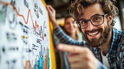 Engaged Marketing Team Member Analyzing Graphs in Modern Office Space with Colleagues