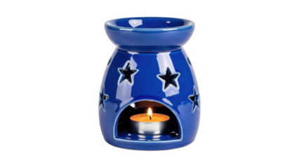 Blue ceramic wax melter with star design and lit candle inside isolated on transparent background