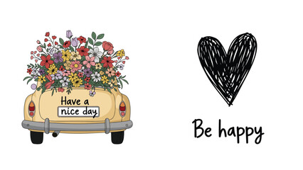 A set of two positive illustrations featuring a retro car with flowers and a hand-drawn heart with inspirational quotes.