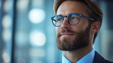 Thoughtful businessman with glasses in a modern office reflecting on success and opportunities in a corporate environment