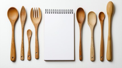Wooden Cooking Utensils and Blank Notepad on White Background for Culinary and Food Preparation Concepts