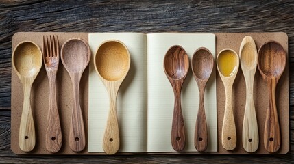 Assortment of Wooden Kitchen Utensils on Notepad with Rustic Background for Culinary Themes and Cooking Inspiration