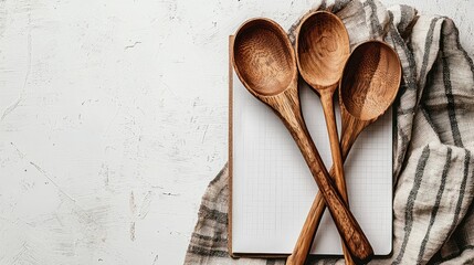 Wooden Kitchen Spoons on Blank Notebook with Checkered Cloth Background for Cooking and Recipe Design