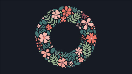The letter O or a circular frame beautifully crafted from a dense arrangement of colorful flowers and leaves on a dark background.