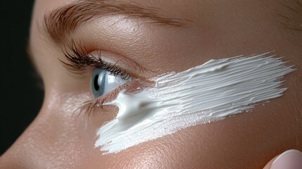 Close-Up of Female Face with Cream Applied to Skin for Skincare and Beauty Treatment in Natural Light