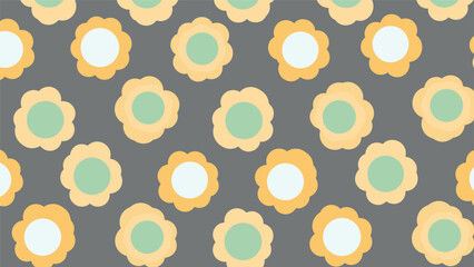 A simple and modern seamless pattern of stylized, playful yellow flowers with scalloped petals on a dark gray background.