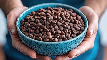 A Close-Up of Hands Holding a Bowl of Chocolate Cereal on a Light Background