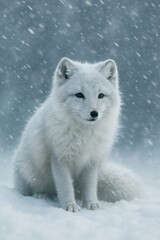 Naklejka premium Arctic fox looking ahead, sitting on snow during snowfall, showing its white winter fur adapting to cold weather