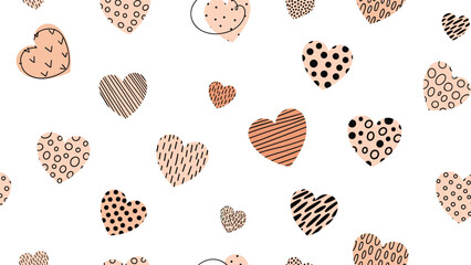 A cute and playful seamless pattern of hand-drawn hearts filled with various doodle textures like dots and scribbles.