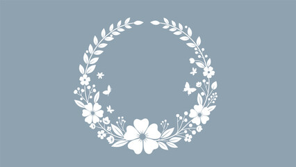 An elegant white silhouette of a floral wreath with butterflies, creating a beautiful frame on a dusty blue background.