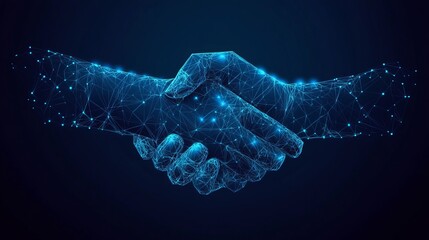 Digital representation of hands shaking symbolizing partnerships and agreements in a connected technological world