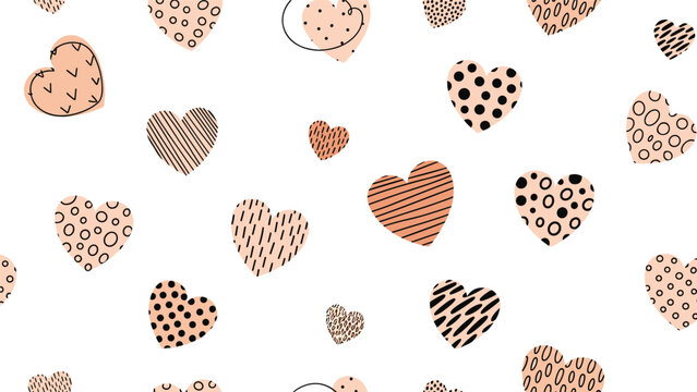 A cute and playful seamless pattern of hand-drawn hearts filled with various doodle textures like dots and scribbles.