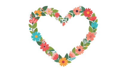 A beautiful heart-shaped frame made from a colorful wreath of various hand-drawn flowers, leaves, and blossoms.