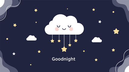 A cute and dreamy 'Goodnight' illustration with a smiling cloud mobile and golden stars on a dark blue night sky.