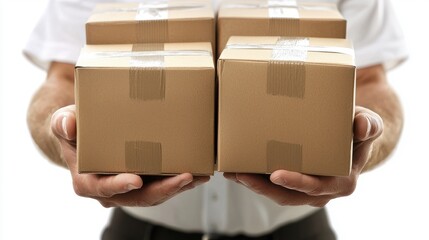 Hands Carrying Four Brown Boxes with Packages Ready for Delivery in a Neutral Setting