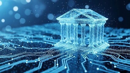 Blue wireframe building on circuit board with glowing lines and digital background