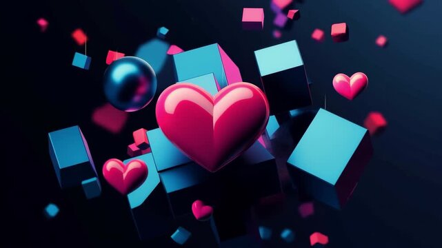 Dynamic explosion of colorful hearts and cubes in motion against dark background