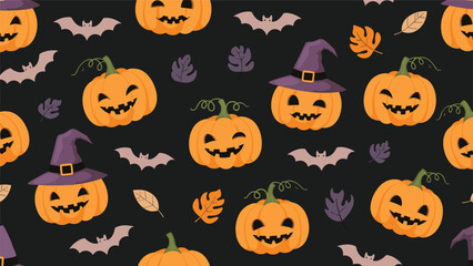 A festive seamless Halloween pattern featuring cute smiling jack-o'-lanterns, bats, and leaves on a dark background.