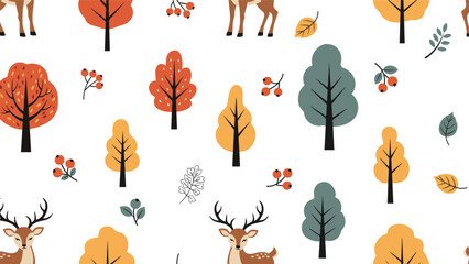 A charming seamless pattern with deer, stylized autumn trees, and berries in a simple, modern Scandinavian style.