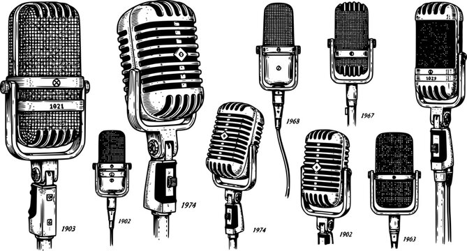 Vintage microphone illustrations in a detailed black and white line art style