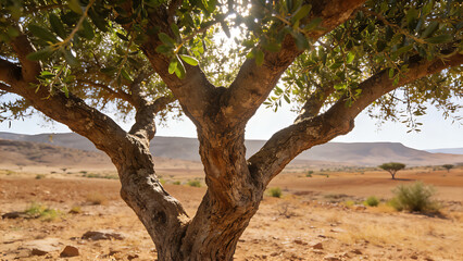 epilogue. A lone argan tree stands in the Moroccan landscape, its gnarled trunk and green leaves under the sun. travel magazines, destination branding, designed for travel destination branding.
