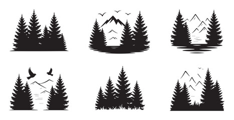 Obraz premium Forest scenery with pine trees and birds silhouette set on white background for travel logo design
