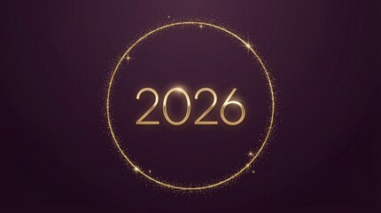 New Year 2026 Golden Numbers in Sparkling Circle on Dark Purple Background