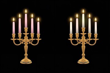 A pair of elegant gold candelabras with lit candles on a black background