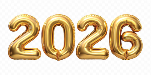 realistic 3d 2026 typography made by with foil balloons in different color style isolated on transparent background	
