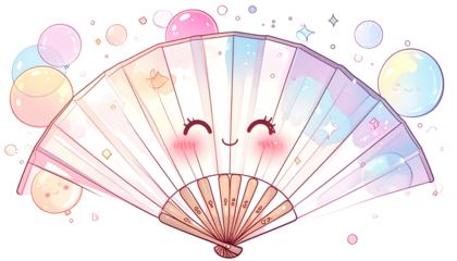 Cute fan illustration with kawaii face, pink cheeks, and colorful bubbly sparkles