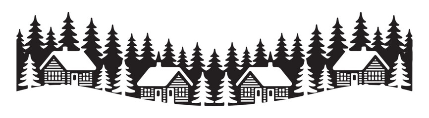 Obraz premium Winter scene with houses and pine trees in silhouette