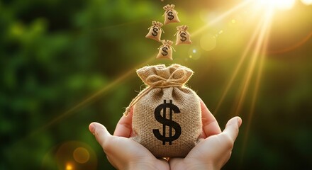 Hands holding a money bag with dollars pouring out into a bright outdoor setting