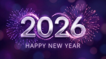 Shiny Metallic 2026 Numbers with Purple Fireworks and Happy New Year Text
