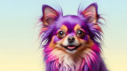 Vibrant purple Chihuahua with pink and orange hues smiling