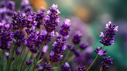 Obraz premium Macro photography of purple lavender flowers in bloom showing sharp details on petals with a shallow depth of field and creamy green bokeh.